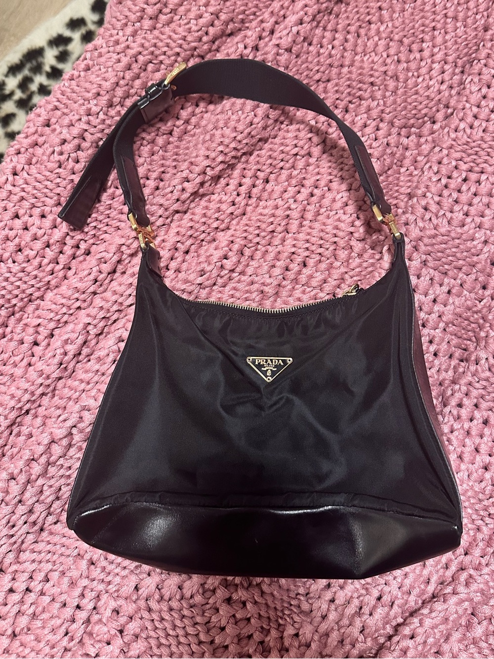 Authentic PRADA Black Nylon and Leather Shoulder Bag with Gold Hardware